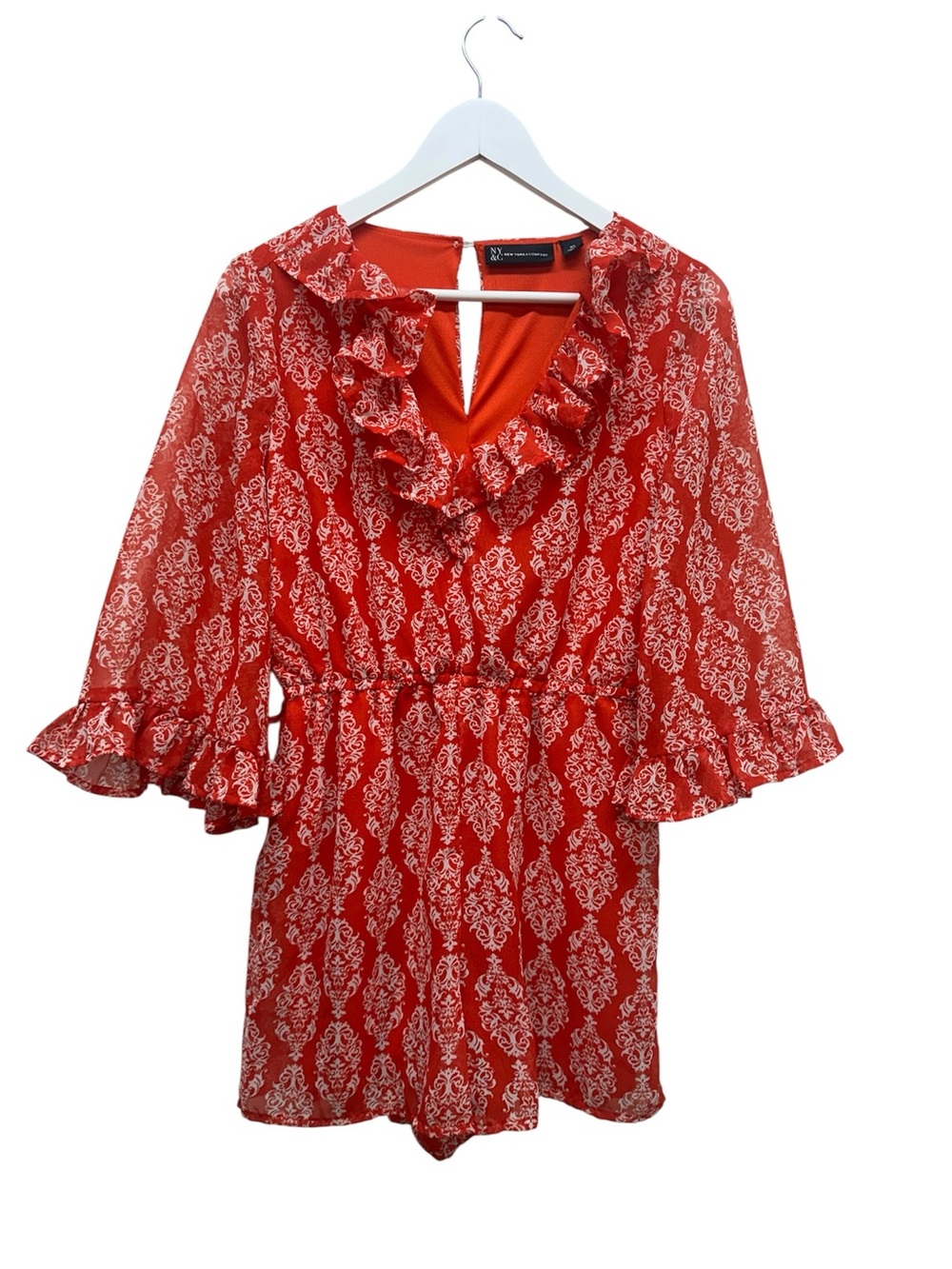 New York & Company Red White  Floral V-Neck Long Sleeve Romper One-Piece Size XS